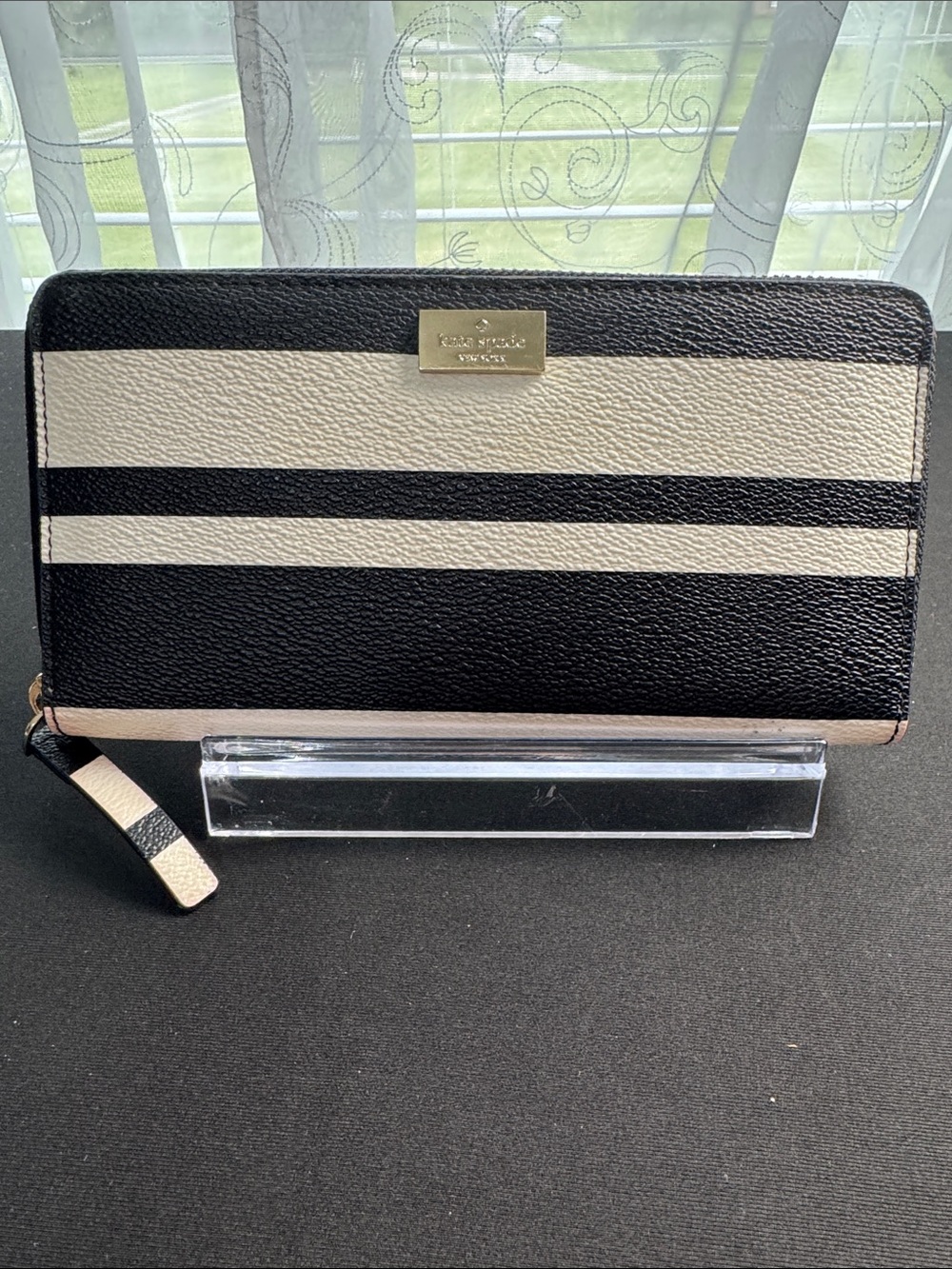 Kate Spade Black and Cream Striped Zip Wallet